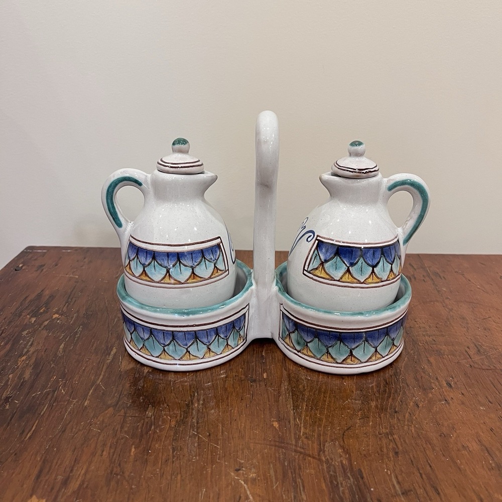 Colorful Pair Oil Vinegar Cruet Set w/ Caddy Hand Painted Made in Italy